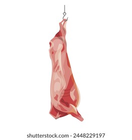 Whole raw meat carcass hang on hook. Butcher shop. Vector illustration isolated on a white background