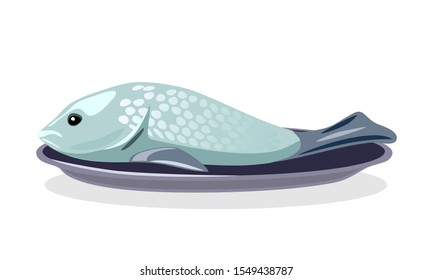 Whole raw, salted or smoked bright silver fish is on plate. Marinated herring, salmon, pink humpy. Seafood preparation process. Vector cartoon illustration isolated on white background.