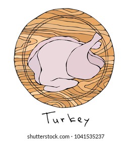 Whole Raw Turkey, Chicken Carcass on Round Cutting Board. For Cooking, Holiday Meals Christmas, Thanksgiving , Recipes, Meat Guide, Butcher, Menu. Hand Drawn Illustration. Savoyar Doodle Style.