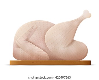 Whole raw turkey isolated on white. Chicken carcass on cutting board. Vector image