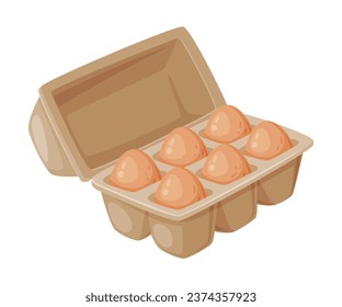 Whole Raw Uncooked Egg with Brown Shell in Carton Package Vector Illustration