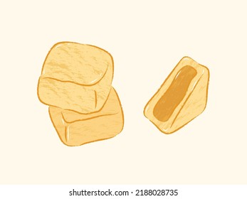 Whole rectangle and slice pineapple cakes in vector flat illustration