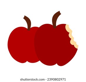 Whole red apple and bitten apple. Cute flat vector illustration Isolated on white background.