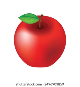 Whole red apple fruit with leaf vector illustration. One red fresh apple fruit icon vector isolated on a white background. Red shiny apple drawing