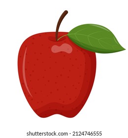 Whole red apple with green leaf isolated on white background. Flat vector illustration