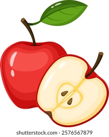 Whole red apple with a green leaf and a half red apple showing seeds represent freshness and health, ideal for promoting healthy eating habits