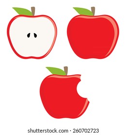 Whole red apple, half apple and bitten apple vector set, fresh fruit, healthy food