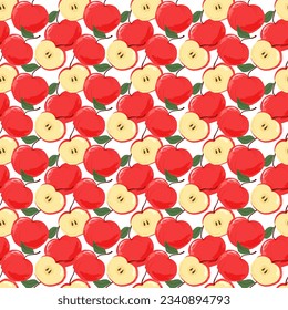 Whole red apple and half. Fruit pattern. Vector. Flat illustration. For packaging, fabric, children's products, clothing and other decor.