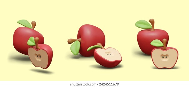 Whole red apple and half. Ripe juicy fruit. Set of 3D images in cartoon style