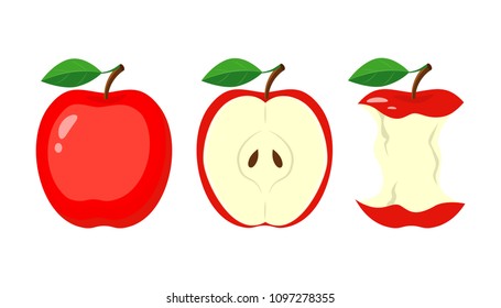 Whole red apple, half apple slice, bitten apple. vector illustration isolated on white background.