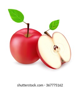 Whole red apple with leaf and half cut apple. Vector illustration