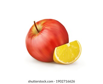 a whole red apple with a slice of lemon on a white background. vector illustration
