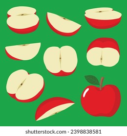 A whole red apple and some sliced in half and smaller ones isolated on a green background.