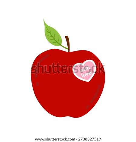 Сute whole red apple with stem, green leaf and heart shaped sticker. Flat vector illustration.
