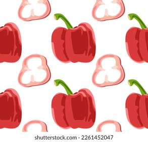 Eine ganze rote Glocke Pfeffer und ein Pfeffer, der in der Mitte geschnitten ist. Nahtloses Muster in Vektorgrafik. Naturprodukt. Für Druck und Hintergrund.