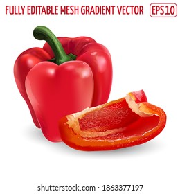 Whole red bell pepper with a slice on white background.