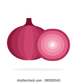 Whole red onion and half of onion vector flat material design isolated on white
