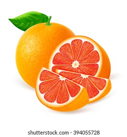 Fruta de naranja roja entera con rodajas aisladas sobre fondo blanco. Ilustración vectorial realista.
