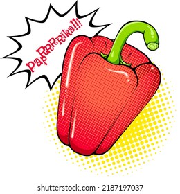 Whole red pepper paprika illustration. Vegetable close up. Vector bright colored halftone print in Pop Art style with space for text. Retro cartoon comic style. Design for stickers, poster. Eco food