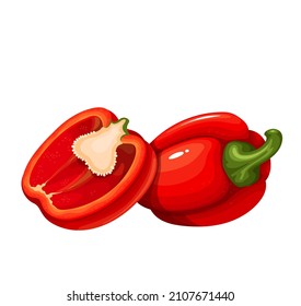 Whole red sweet pepper vegetable and half red bell pepper. Vector illustration.