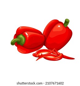 Whole red sweet pepper vegetable and ?hopped red bell pepper sliced. Vector illustration.