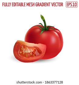 Whole red tomato with a slice on a white background.