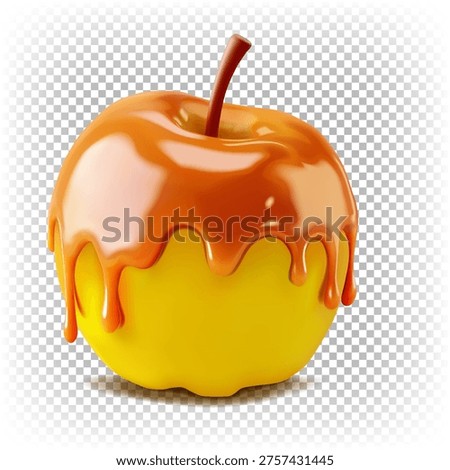 A whole ripe green apple covered in liquid caramel. 3D realistic vector illustration isolated on a white background.