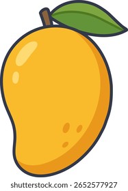 Whole ripe mango fruit with leaf in flat cartoon style.
