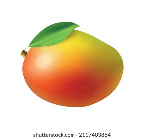 Whole ripe mango with green leaf realistic vector illustration