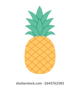 Abacaxi inteiro maduro com folhas verdes pontiagudas e pele dourada, isolado sobre fundo branco. Para design de comida tropical, verão, cartão, férias, praia e saudável. Ilustração de desenho animado de vetor plano.