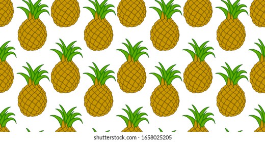 Whole ripe pineapple isolated on white background. Colored vector seamless pattern. Cartoon style. Design for fashion prints.