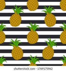Whole ripe pineapples with leaves on striped black and white background. Vector seamless pattern. Cartoon style. Design for fashion prints, posters, cards, fabric, wallpapers, backdrops, panels.