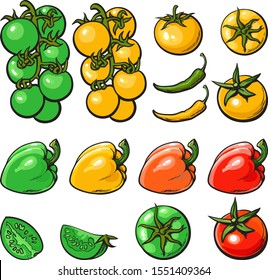 Whole ripe tomatoes, sweet and chili pepper set of sketch style vector illustration isolated on white background. Hand drawn vegetables to use in package and kitchen design.