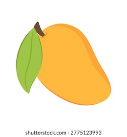 Whole ripe yellow mango fruit with one green leaf and small brown stem. Fresh organic exotic food isolated on white background. Sweet tropical drupe mangifera indica for healthy eating.