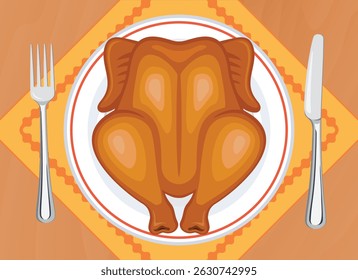 Frango assado inteiro em uma ilustração vetorial de visão superior de placa. Frango assado em uma mesa de madeira acima do vetor da vista. Peru inteiro frito no desenho de mesa