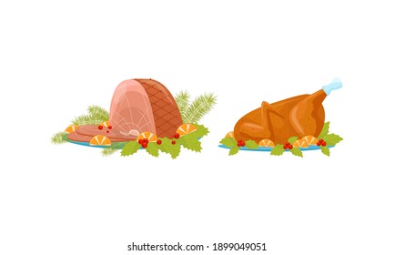 Ganze geröstete Hühner und Hähne serviert auf Plättchen mit orangefarbenen Scheiben als traditionelles Weihnachtsabendessen Vektor Set