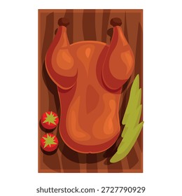 Frango inteiro assado deitado na tábua de corte de madeira com tomates e verdes, vista superior