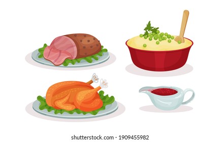 Whole Roasted Chicken and Mashed Potato Served on Plate as Traditional Christmas Eve Dinner Vector Set