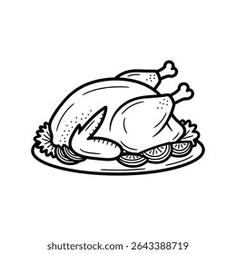 Whole Roasted Chicken on Platter – Delicious Feast or Holiday Dinner Element for Culinary Design – Vector Illustration