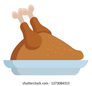 A whole roasted chicken served on a blue color plate vector color drawing or illustration 