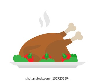 whole roasted chicken or turkey with vegetables on plate isolated on white background vector illustration