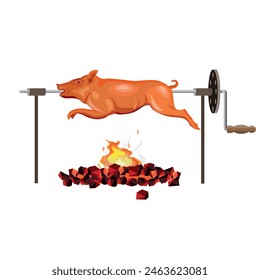 Whole roasted pig carcass. Piglet on a spit. Roasting and barbecuing meat. Vector illustration isolated on a white background