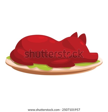 Whole roasted pig lying on serving tray with garnish, traditional festive food