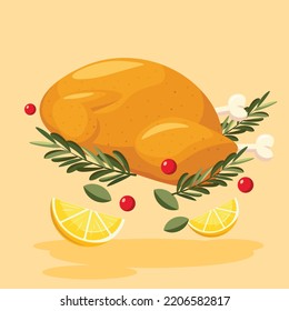 Whole Roasted Turkey Bird with Lemon Sliced, Rosemary and Berry Vector Illustration | Roasted Chicken Bird Vector | Flat Design Isolated | Thanksgiving Day | Thanksgiving Dinner Meal 