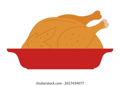 Whole roasted turkey in red baking dish, top view. Baked poultry with crispy skin for festive meal. Simple illustration, stock flat vector, isolated.