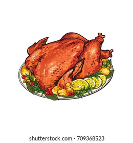 Whole roasted turkey served with lemon and herbs, festive Thanksgiving, Christmas food, sketch style vector illustration isolated on white background. Hand drawn grilled, roasted turkey, festive dish
