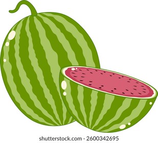 Whole Round and Half Cut of Ripe Watermelon. Cute and Simple Style.