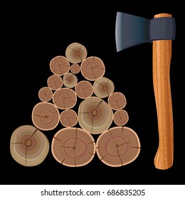 Whole round hardwood logs and ax. Vector illustration