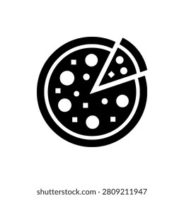 Whole round pizza with one slice removed showing toppings, solid black silhouette vector illustration