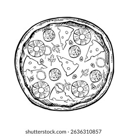 Pizza inteira redonda com abacaxi. Gráficos vetoriais, ilustração desenhada à mão em preto e branco. Isole em um fundo branco. Para receitas, menus, decoração de pizzaria, embalagem e muito mais